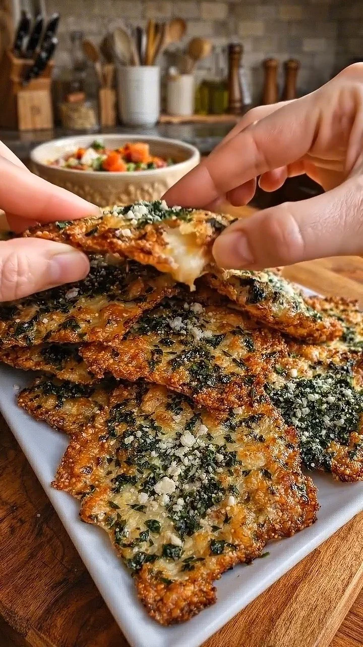 Mediterrane Spinat-Feta-Knusperhäppchen auf einem Teller serviert