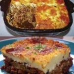 Moussaka mit Hackfleisch und Kartoffeln auf einem Teller serviert