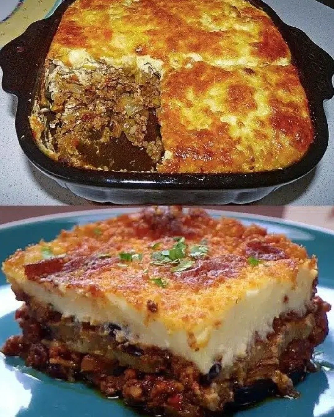 Moussaka mit Hackfleisch und Kartoffeln auf einem Teller serviert