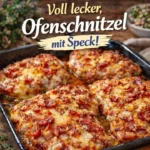 Leckeres Ofenschnitzel frisch aus dem Ofen, serviert mit Beilagen.