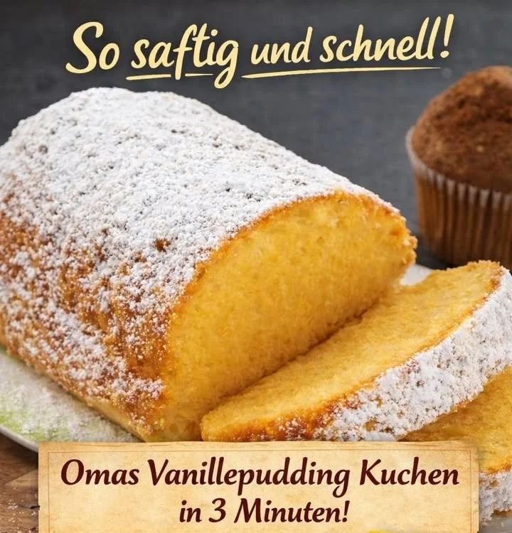 Omas 3 Minuten Vanillepudding Kuchen auf einem Teller serviert