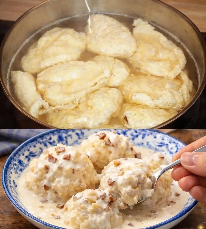 Omas leckere Mehlklöße serviert mit einer herzhaften Sauce