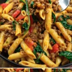 Pasta-Hackfleisch-Pfanne mit frischen Zutaten und Gewürzen