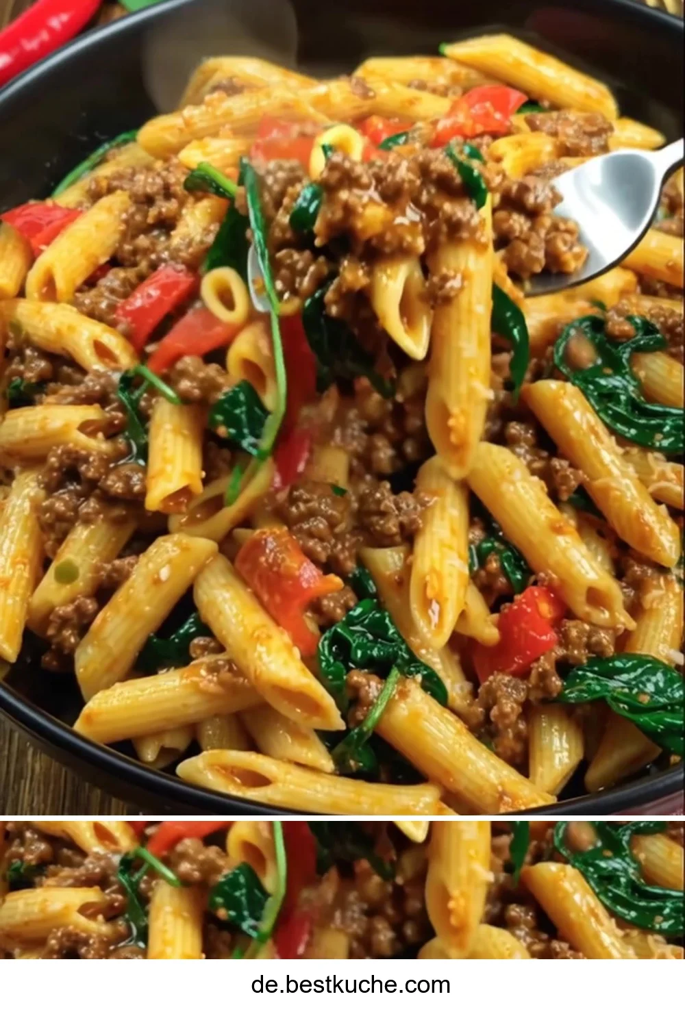 Pasta-Hackfleisch-Pfanne mit frischen Zutaten und Gewürzen