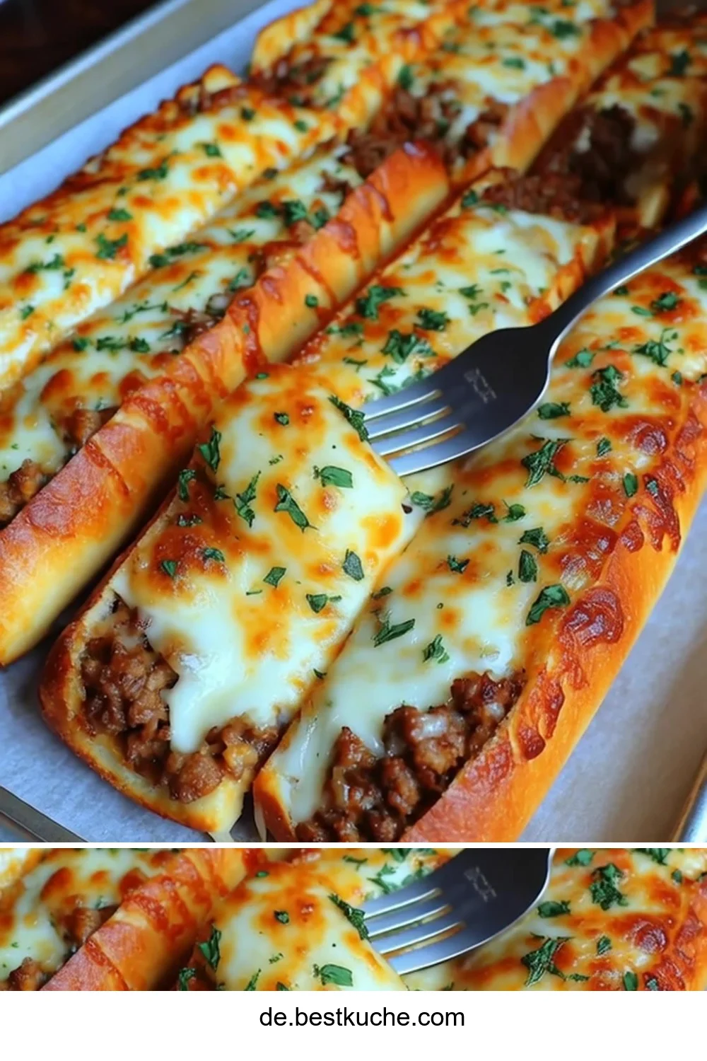 Philly Cheesesteak Brotstangen mit Käse und Fleischfüllung