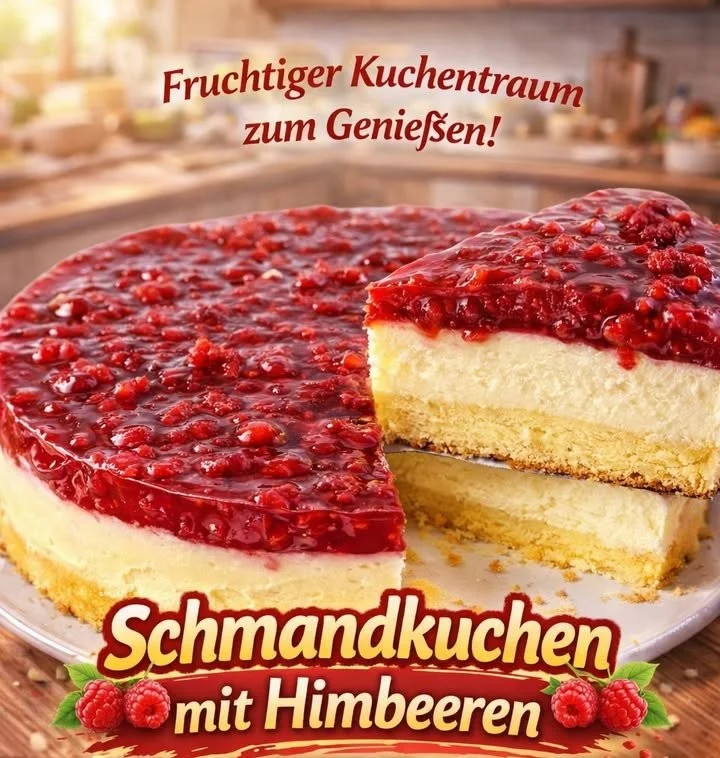 Pudding Schmandkuchen mit frischen Himbeeren auf einem Teller serviert.