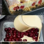 Ein Stück Quark-Kirschkuchen mit saftigen Kirschen und cremiger Quarkfüllung