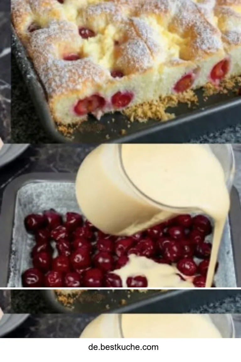 Ein Stück Quark-Kirschkuchen mit saftigen Kirschen und cremiger Quarkfüllung