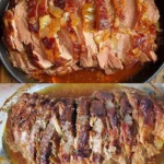 Räuberbraten mit Beilagen auf einem Teller serviert.