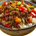 Reis-Hackfleisch-Pfanne mit Paprika auf einem Teller serviert