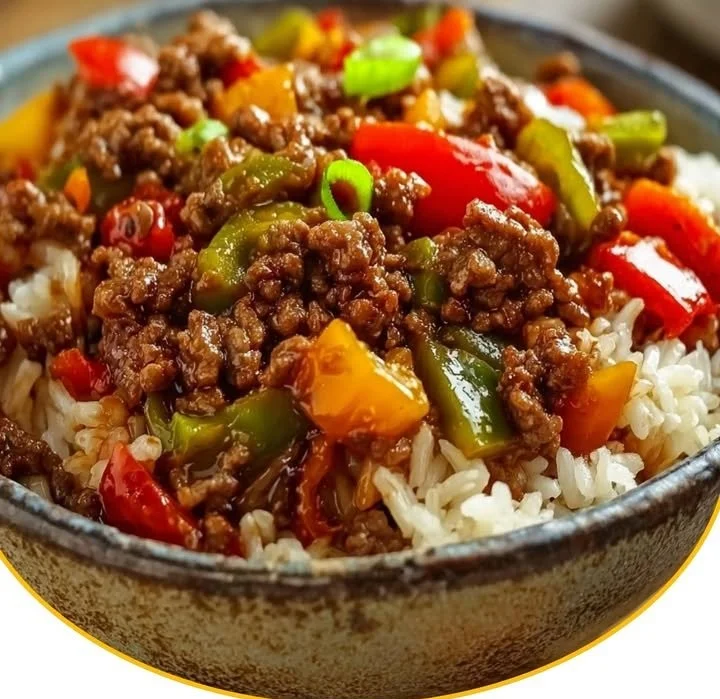 Reis-Hackfleisch-Pfanne mit Paprika auf einem Teller serviert