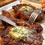 Ribeye-Steak mit Knoblauch-Kräuterbutter auf einem Teller serviert.