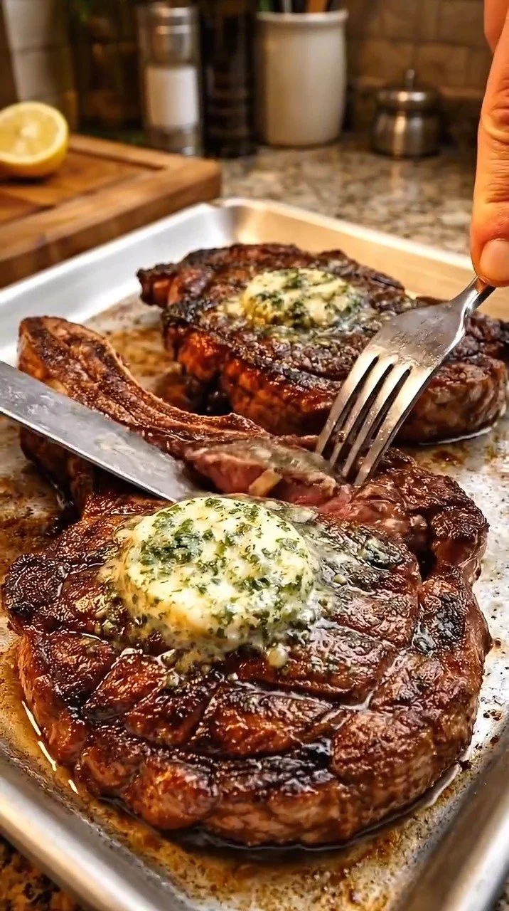 Ribeye-Steak mit Knoblauch-Kräuterbutter auf einem Teller serviert.