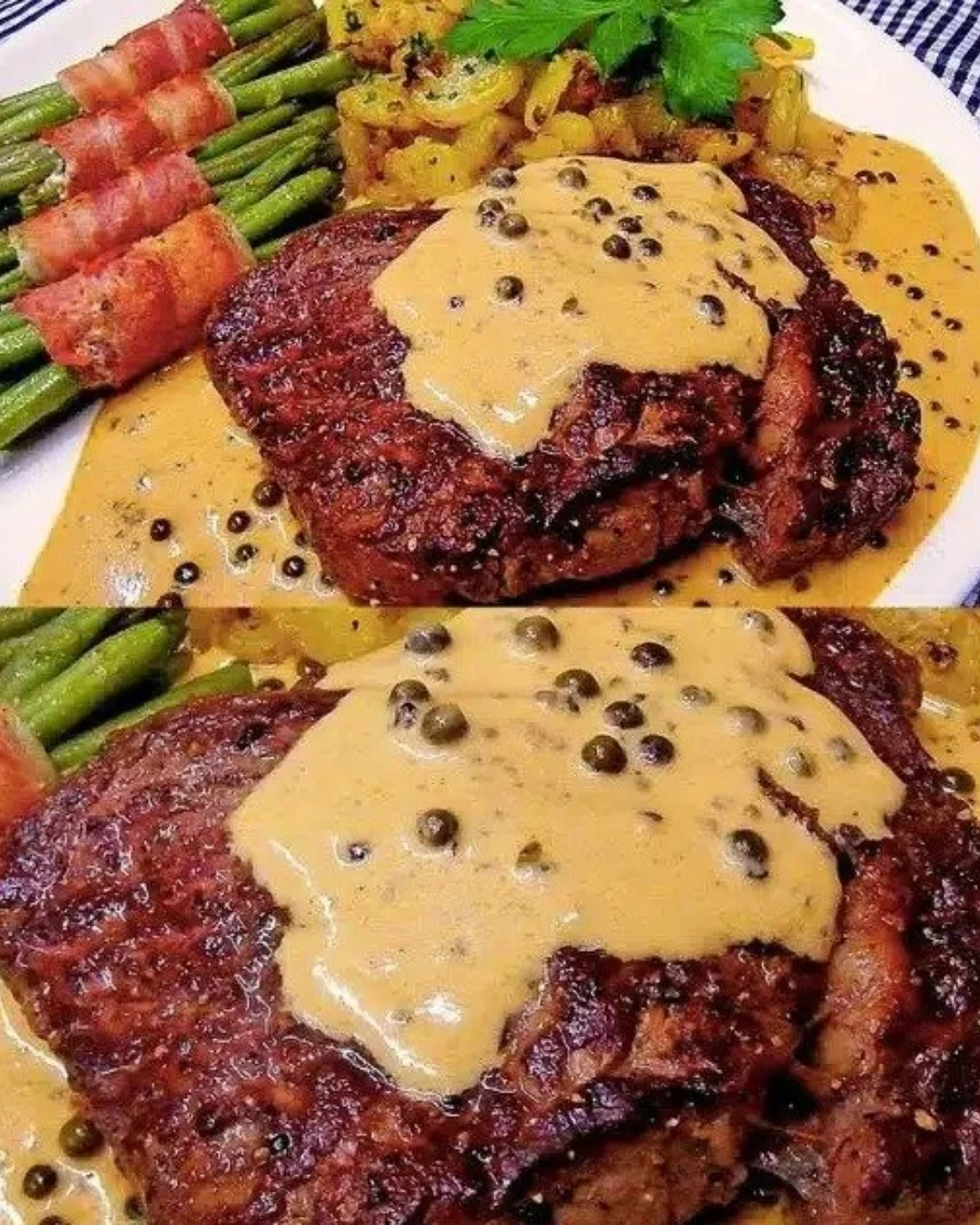 Zartes Rinderfilet mit grüner Pfeffersahnesoße auf einem Teller