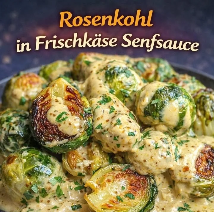 Rosenkohl in cremiger Frischkäse-Senfsauce auf einem Teller serviert
