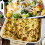 Rosenkohlauflauf mit Hackfleisch und Kartoffeln auf einem Teller angerichtet