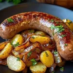 Rostbratwurst mit Kartoffeln auf einem Teller serviert, frisch zubereitet.