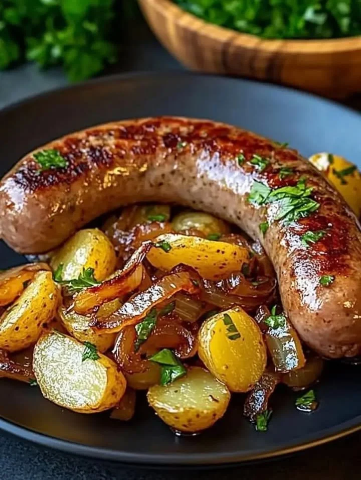Rostbratwurst mit Kartoffeln auf einem Teller serviert, frisch zubereitet.