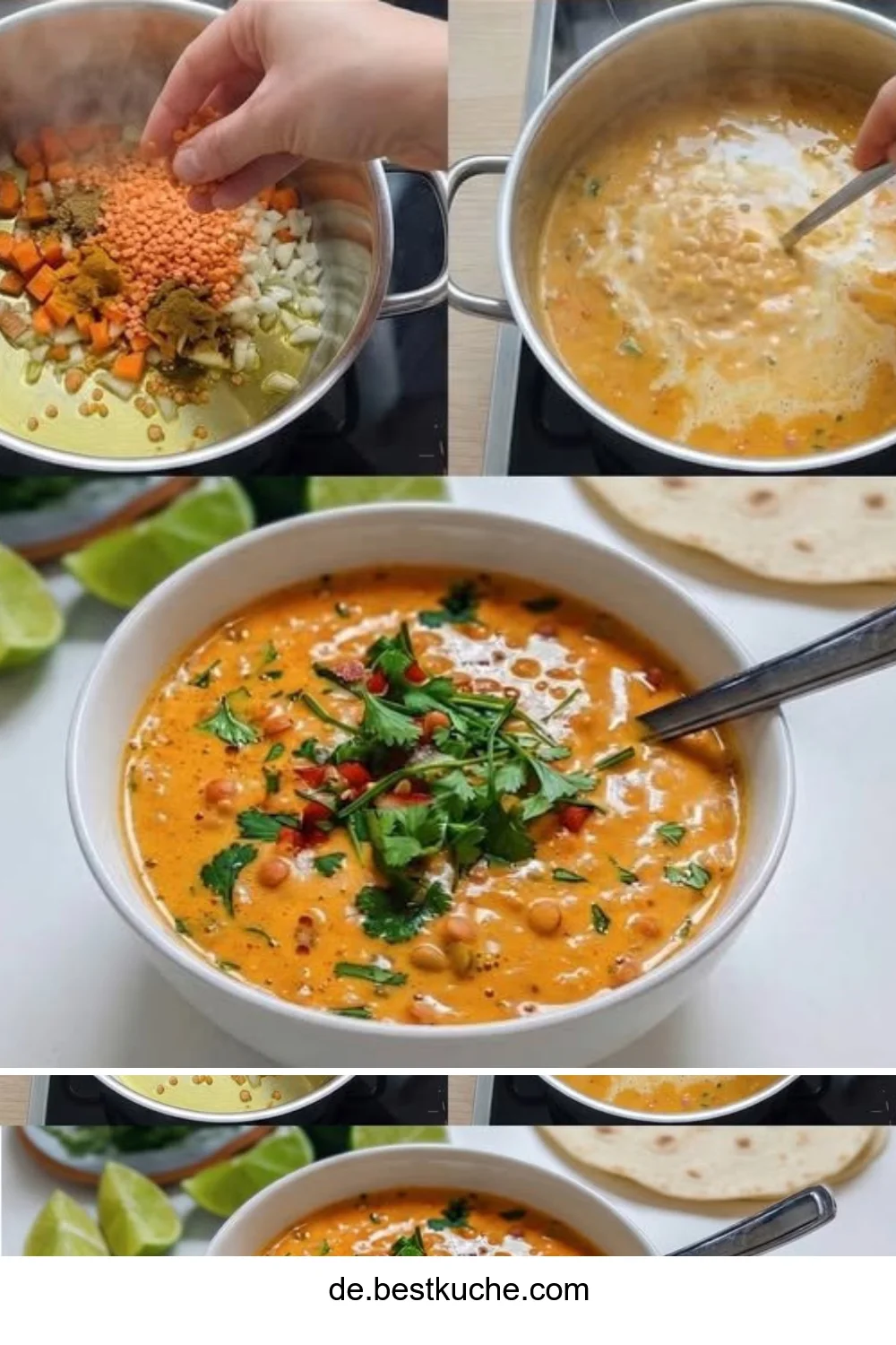 Rote-Linsen-Curry-Suppe mit Kokosmilch und Limette in einer stilvollen Schüssel