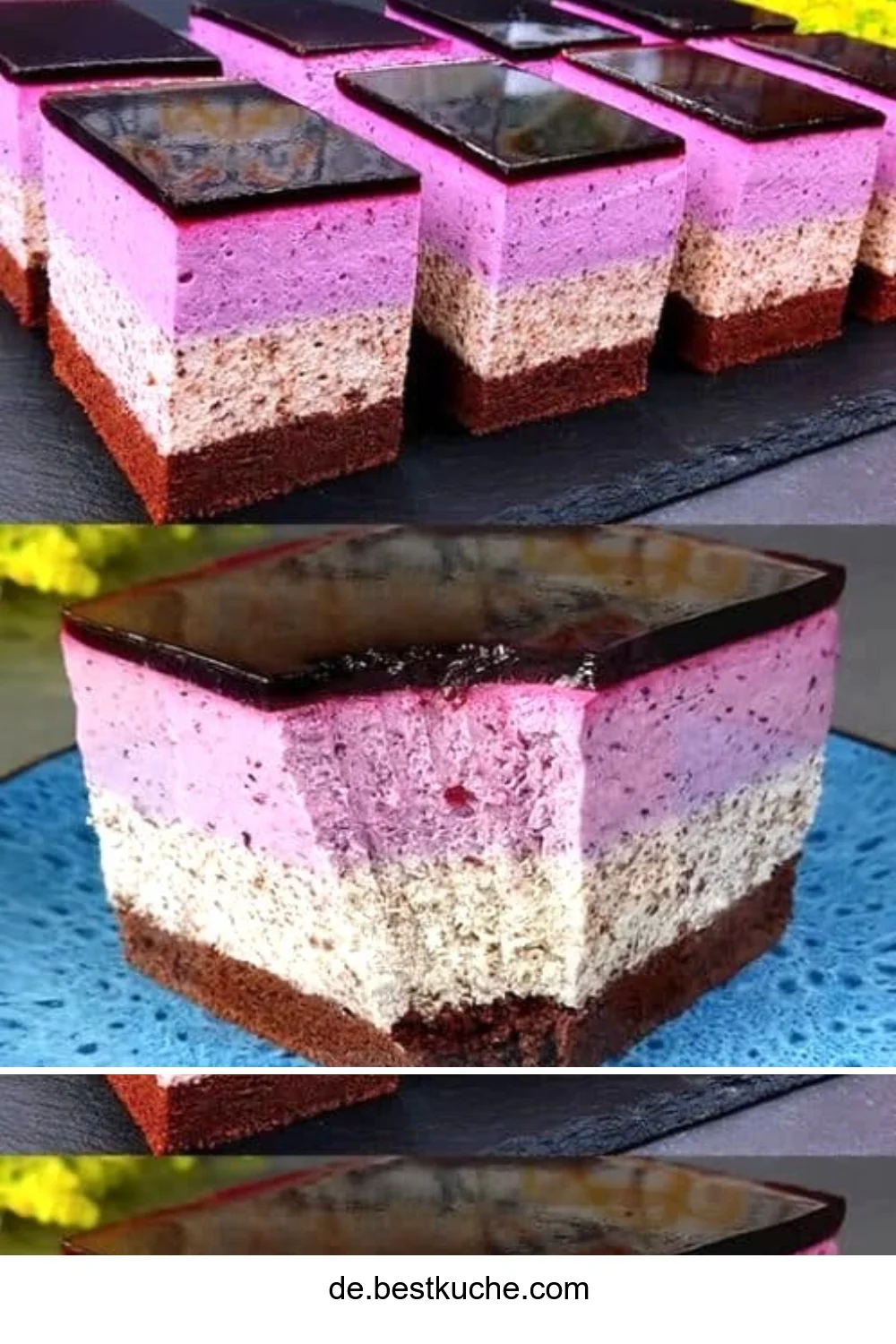 Saftiger Heidelbeer-Frischkäsekuchen auf einem Teller, perfekt für den Sommer.