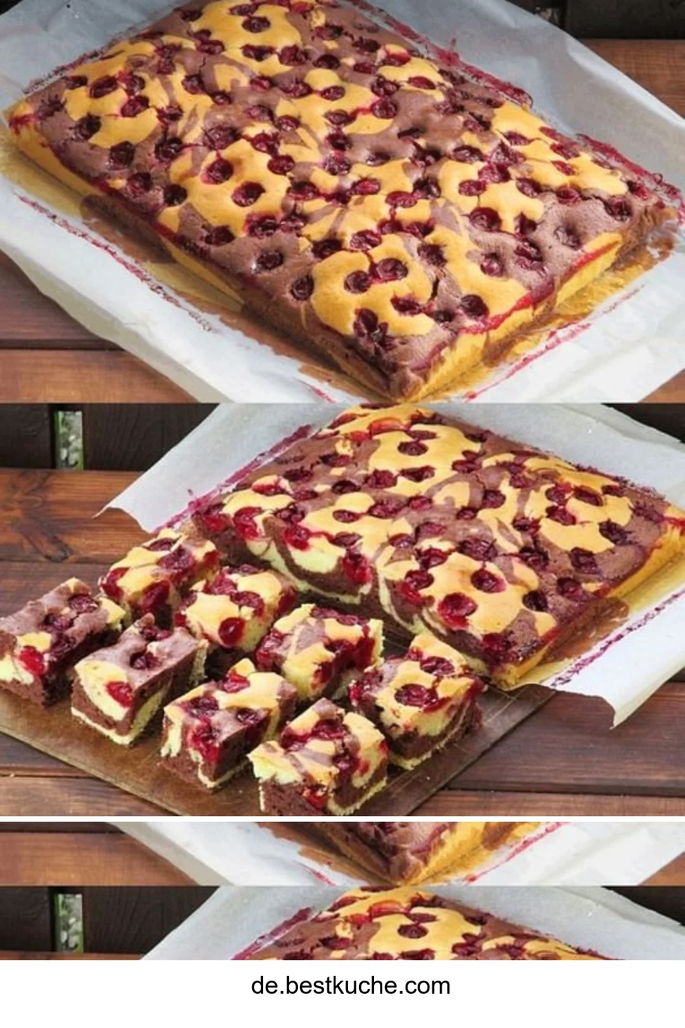 Saftiger Kirsch Blechkuchen auf einem Blech, frisch gebacken und dekoriert.