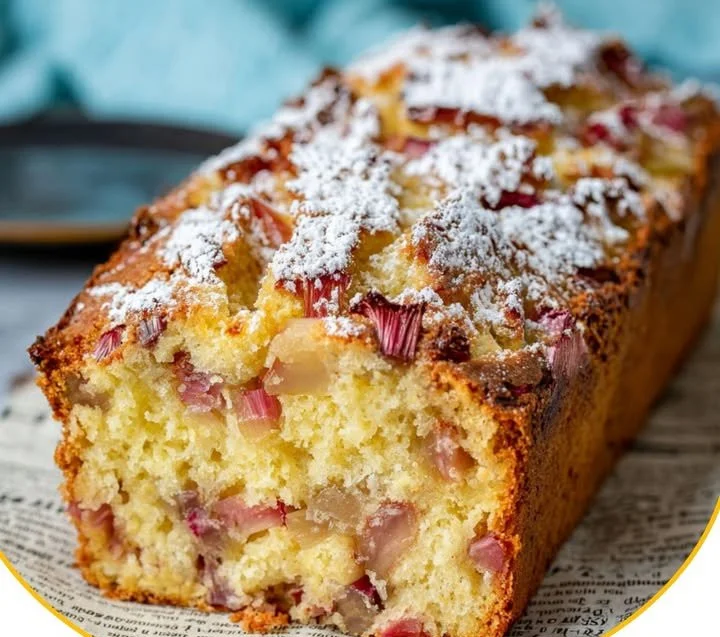 Saftiger Rhabarber-Joghurt-Kuchen auf einem Teller, dekoriert mit frischen Rhabarberstücken.