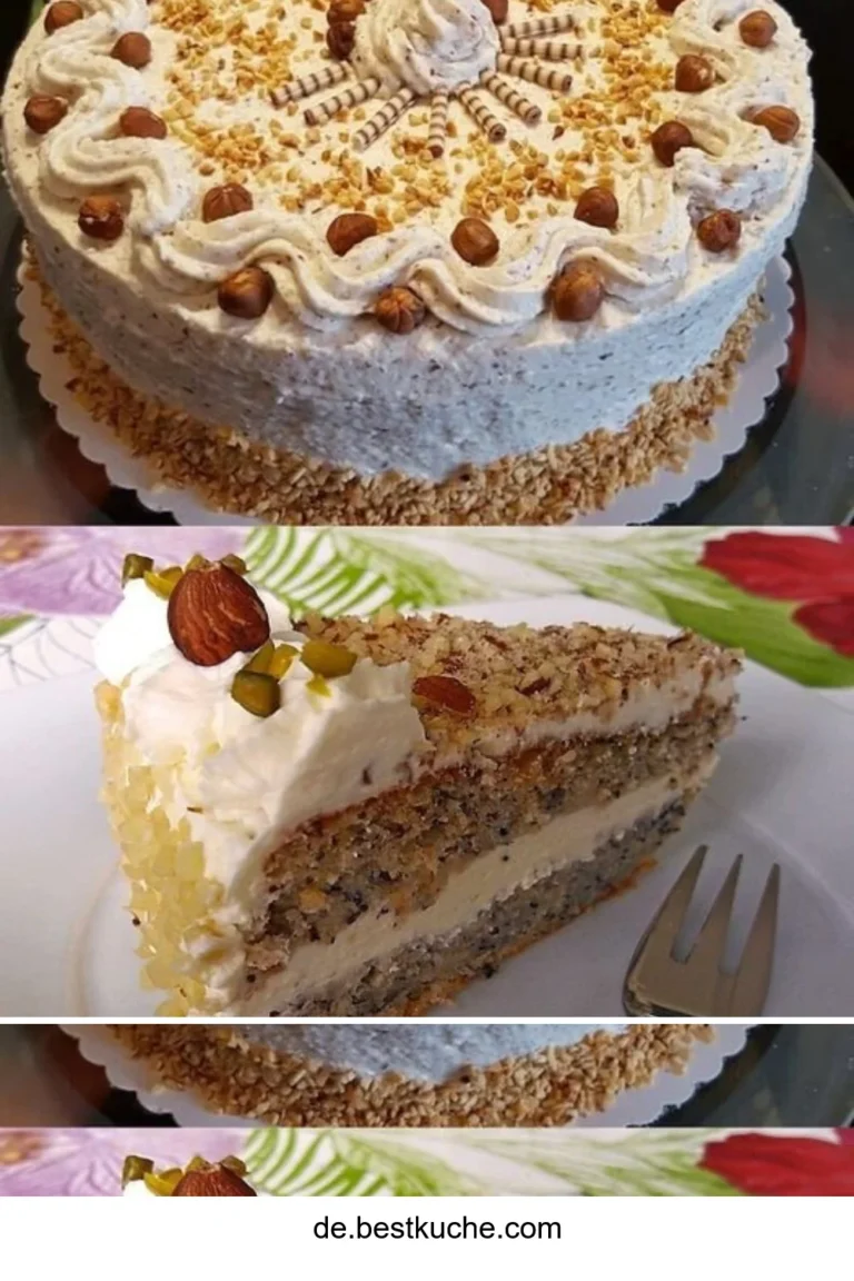 Sahne Nusstorte mit frischer Sahne und Nüssen auf einer eleganten Tortenplatte