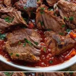 Zarter Schmorbraten mit Knoblauch auf einem Teller angerichtet.