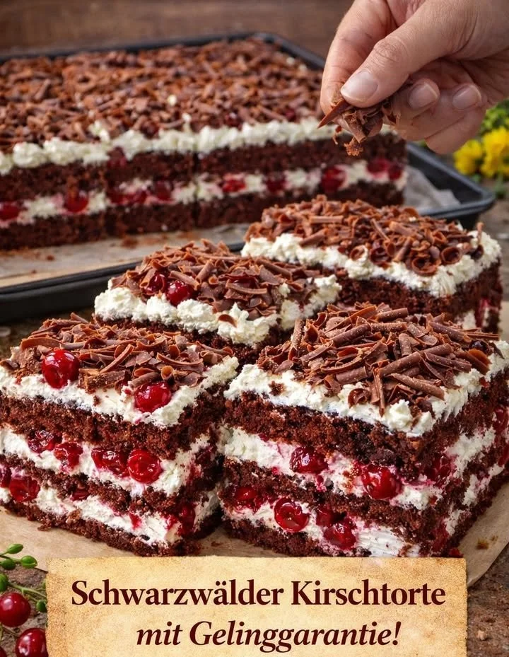 Schwarzwälder Kirschtorte vom Blech: Ein saftiger Kirschkuchen mit Sahne und Schokolade.