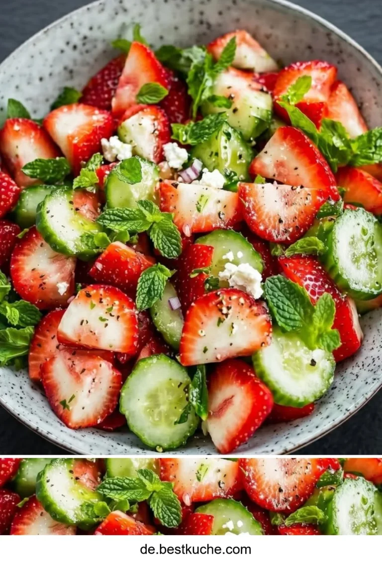 Sommersalat mit Gurke und Erdbeeren auf einem Teller angerichtet