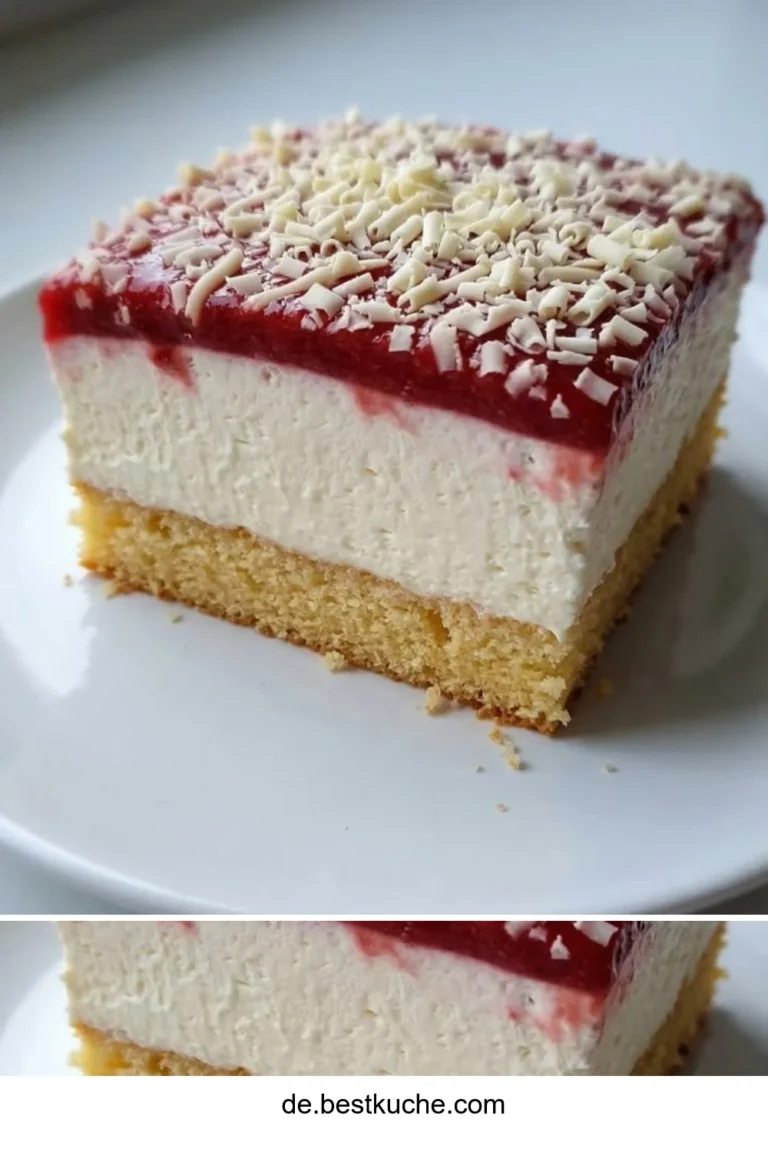 Leckeres Spaghettieis-Blechkuchen Rezept mit einer cremigen Vanillebasis und Erdbeersoße