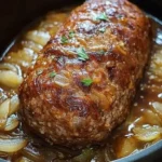 Supersaftiger Zwiebel Hackbraten auf einem Teller serviert
