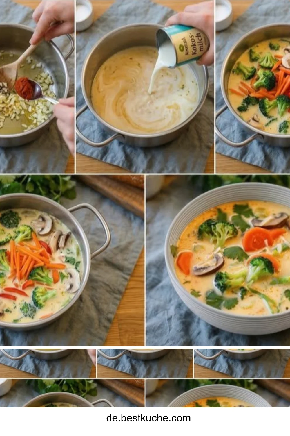 Schüssel mit Thai Coconut Soup und bunten Gemüse.