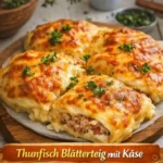 Thunfisch Blätterteig mit Käse auf einem Teller serviert