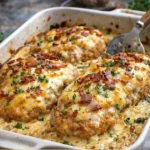 Überbackene Partyschnitzel frisch aus dem Ofen, serviert auf einem Teller.