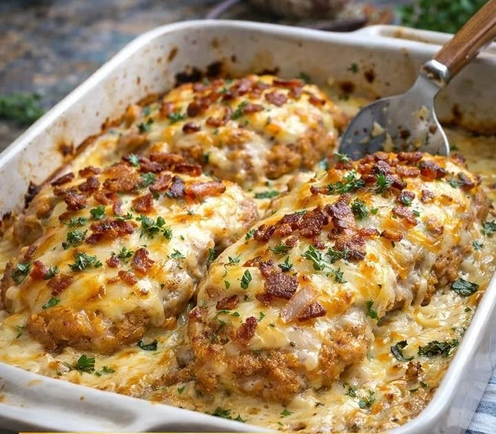 Überbackene Partyschnitzel frisch aus dem Ofen, serviert auf einem Teller.