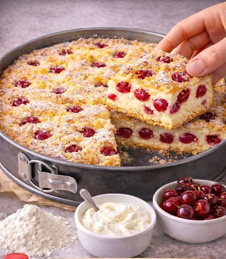 Ungarischer Quark-Kirschkuchen mit Kirschen und Quarkfüllung
