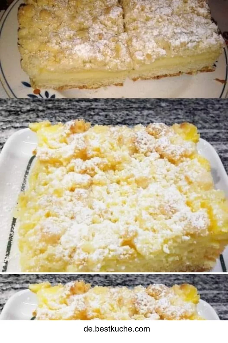 Versunkener Streuselkuchen mit Vanillepudding auf einem Teller