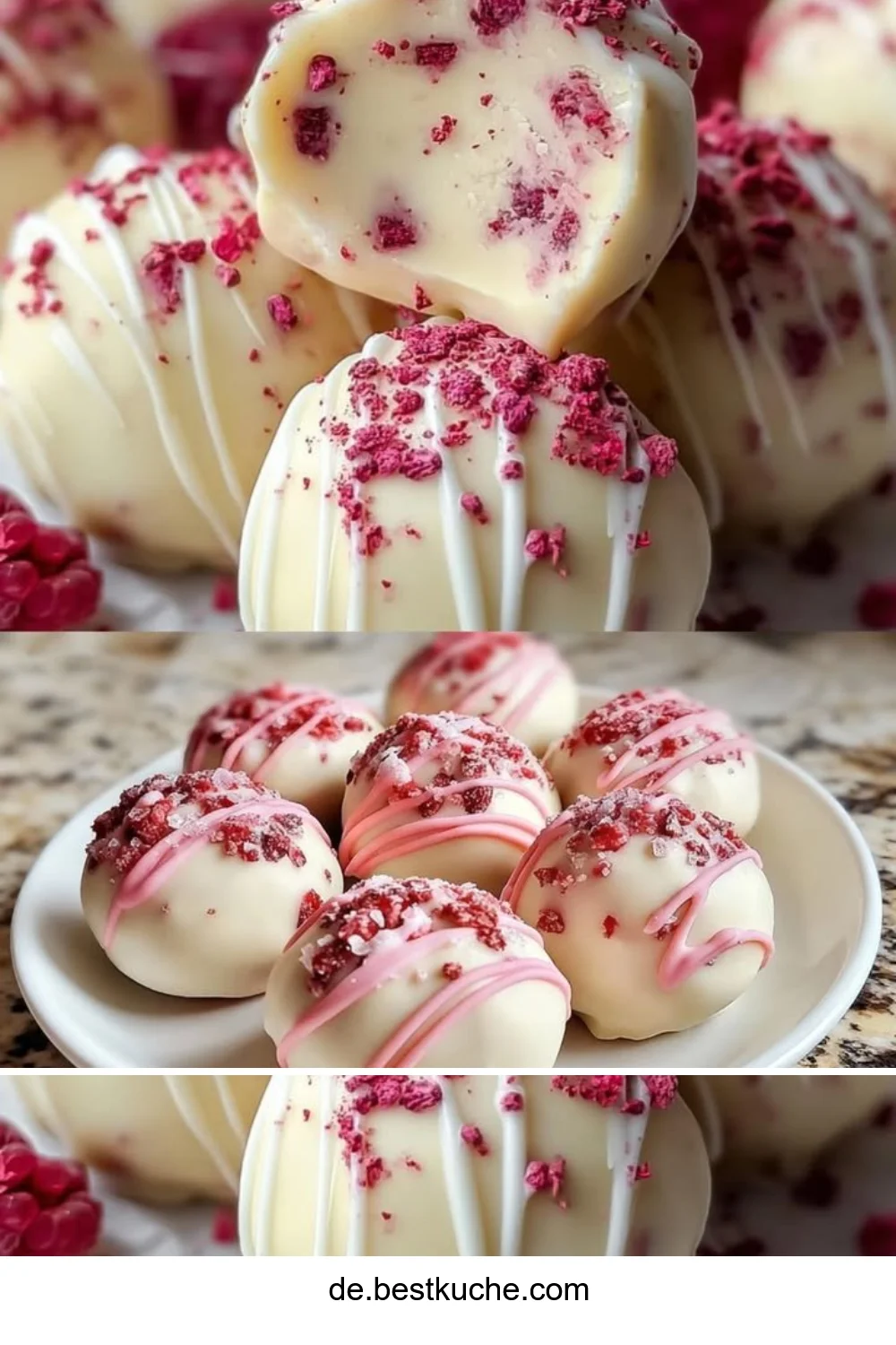 Weiße Schokoladentrüffel mit frischen Himbeeren auf einem dekorativen Teller.
