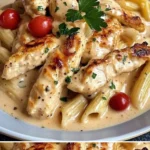 Zarte Hähnchenstreifen in sahniger Sauce mit cremigen Nudeln serviert