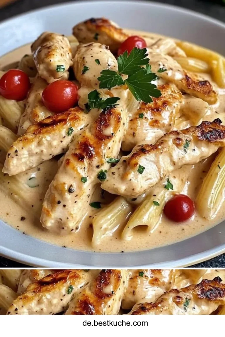Zarte Hähnchenstreifen in sahniger Sauce mit cremigen Nudeln serviert