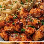 Zitronen-Knoblauch-Hähnchen-Linguine auf einem Teller mit frischen Kräutern