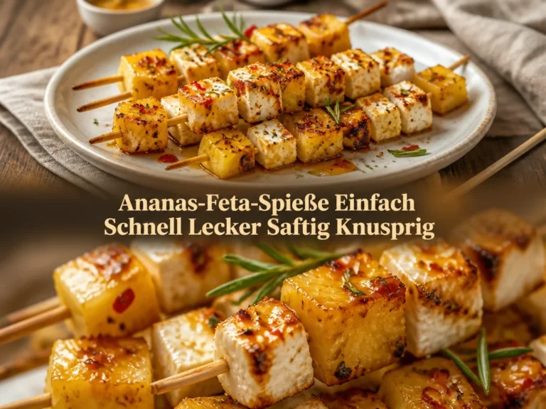 Ananas-Feta-Spieße auf einem Grill, saftig und knusprig zubereitet.