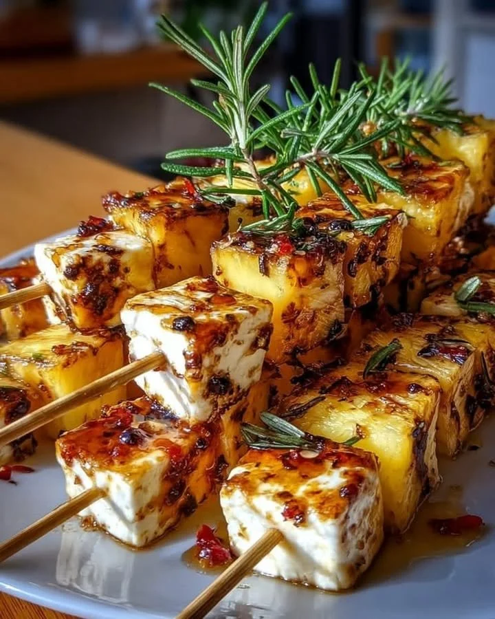 Ananas-Feta-Spieße mit Rosmarin & Chilihonig