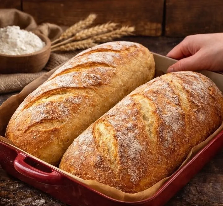 Frisches Bauernbrot auf einem Holztisch, ideal für rustikale Mahlzeiten.