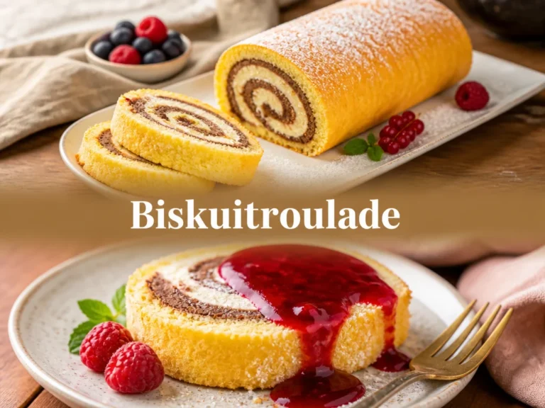 Leckere Biskuitroulade mit Sahnefüllung auf einem eleganten Teller