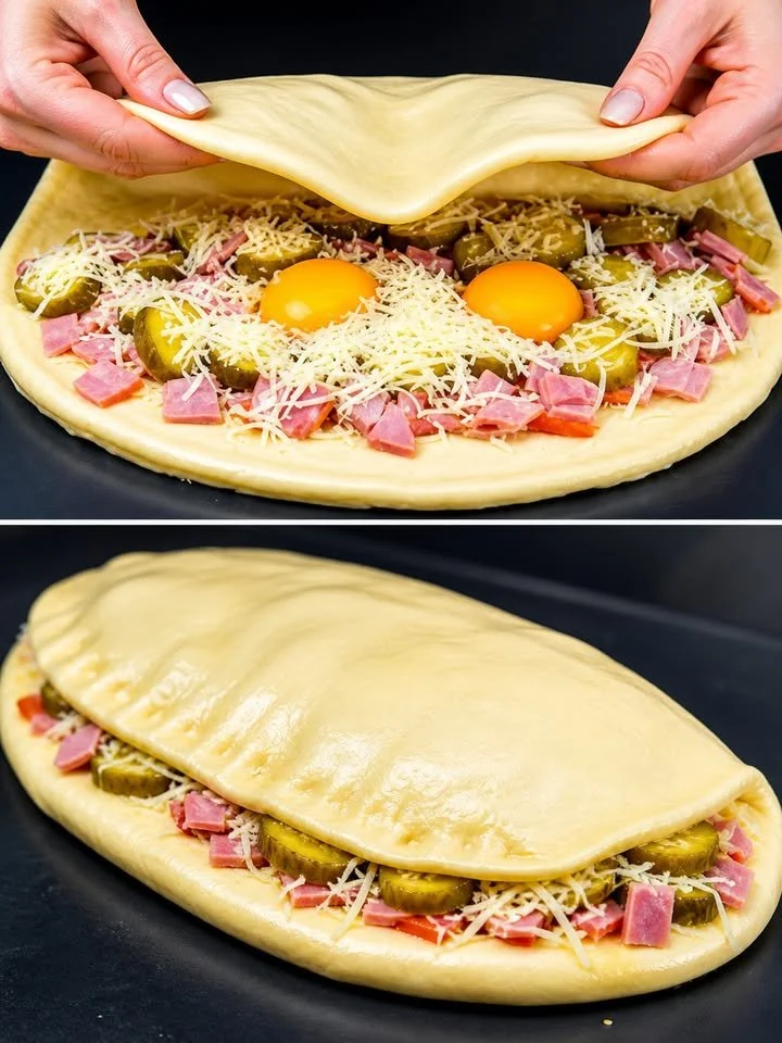 Blätterteig-Calzone mit Salami und Käse auf einem Holzbrett serviert.
