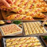 Blätterteig Stangen gefüllt mit Schinken und Käse auf einem Teller.