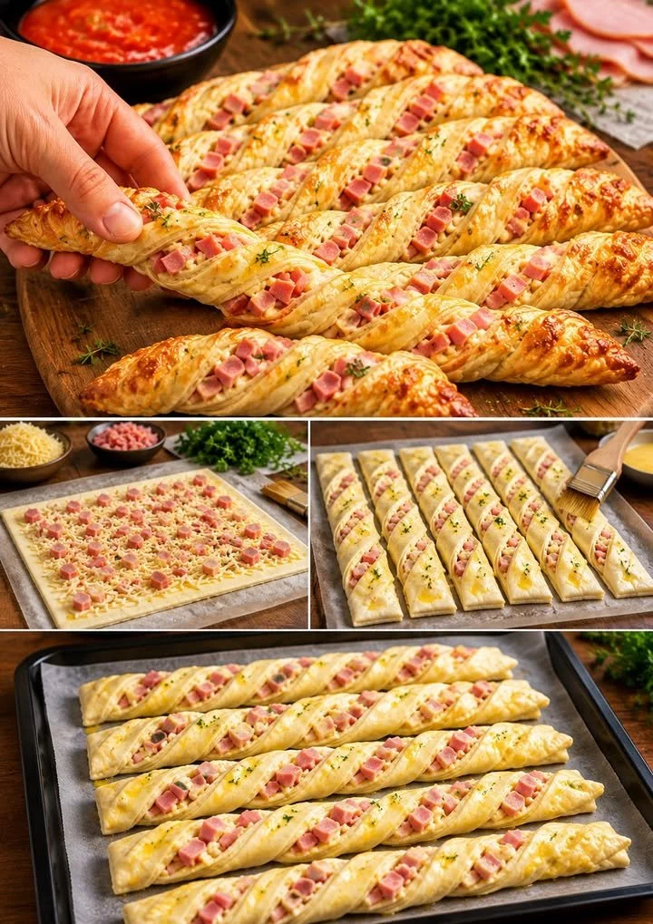 Blätterteig Stangen gefüllt mit Schinken und Käse auf einem Teller.