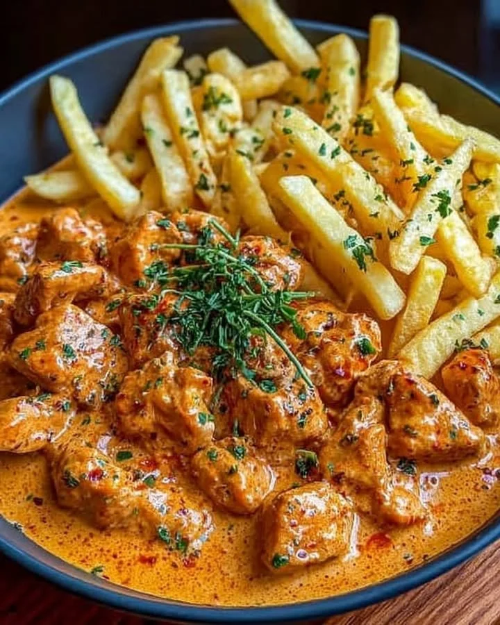 Butter Hähnchen mit Knoblauchsauce und knusprigen Pommes